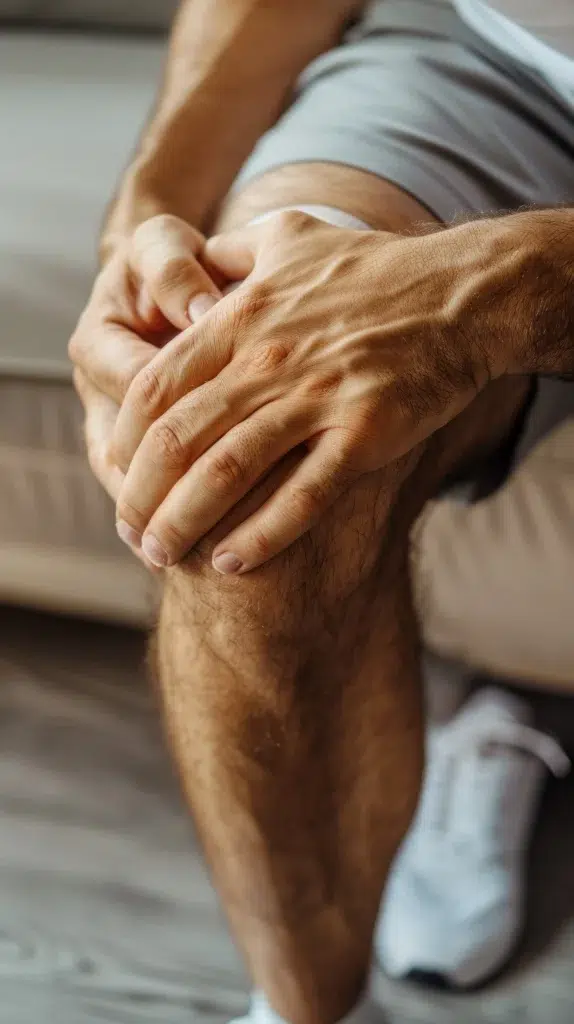 Close-up of a person holding their knee in pain, indicating joint or ligament discomfort.