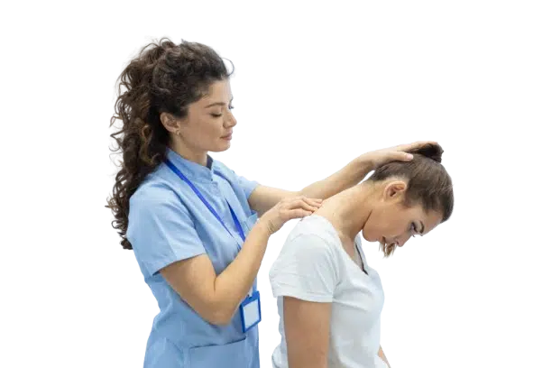 Female physical therapist performing cervical spine evaluation on a female patient with forward neck posture.