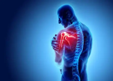 Human figure holding shoulder, indicating rotator cuff injury in a glowing blue body scan.