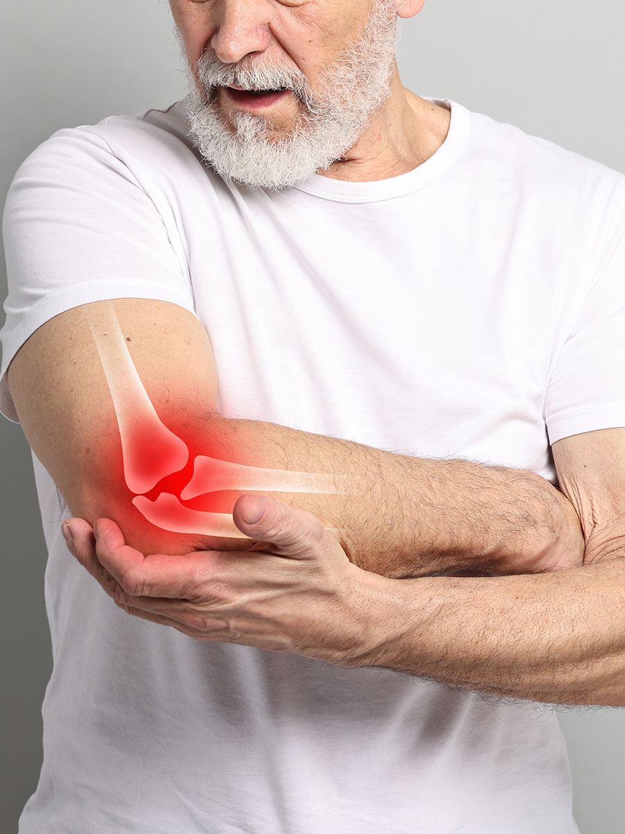 A man in a white shirt with elbow pain